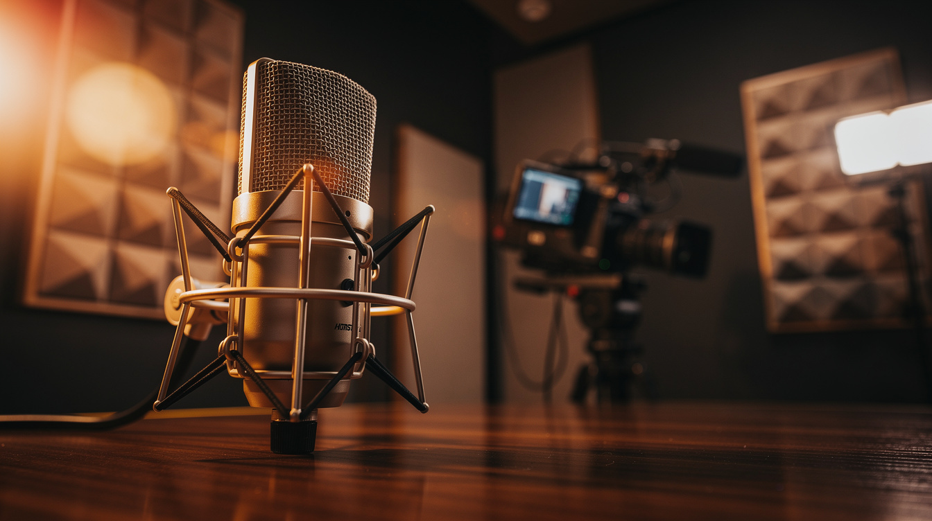 Professional broadcast studio with microphone and camera lighting