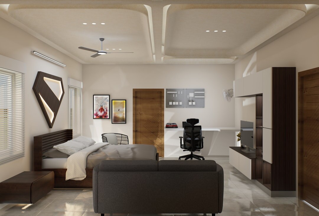 Warm reception area of a media studio with soft lighting