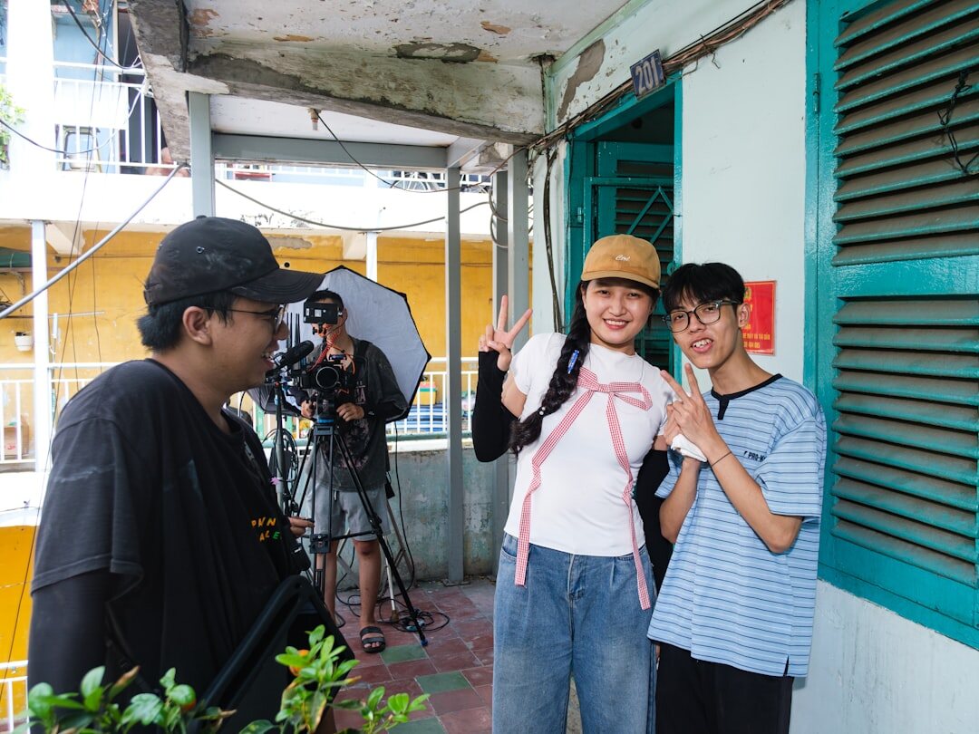 Small group practicing an on-camera interview session