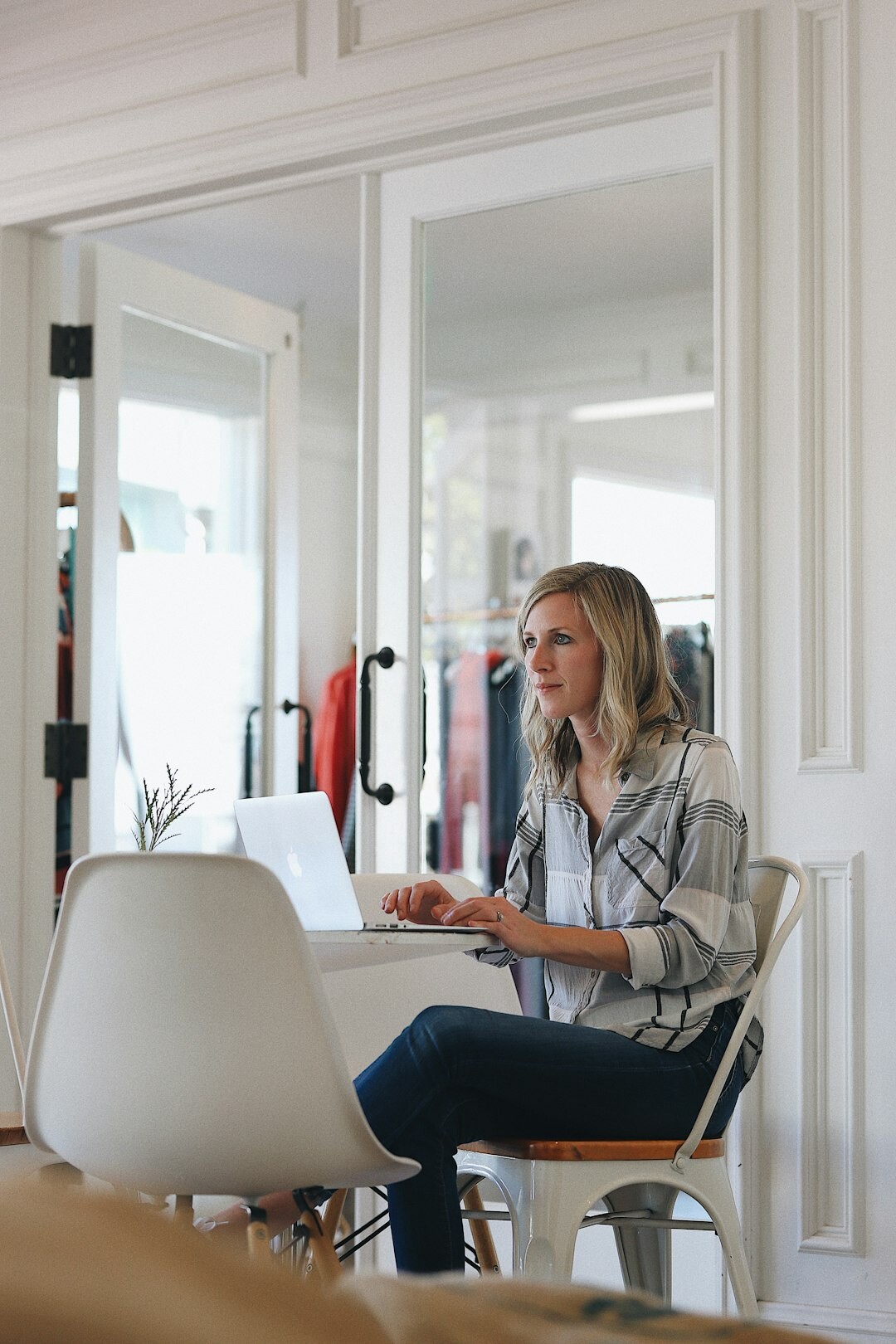 woman speaking on laptop